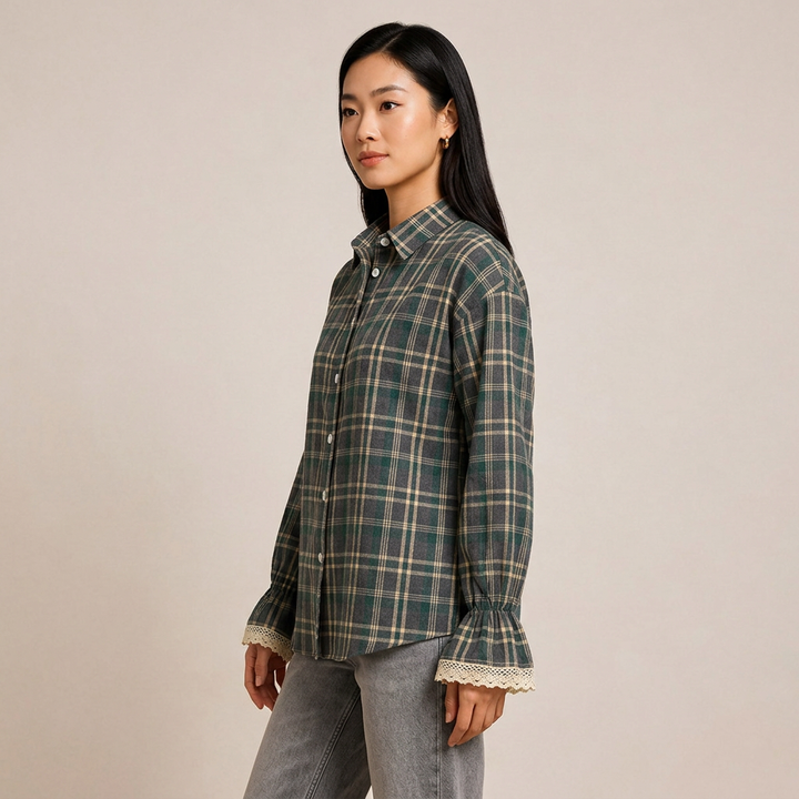 Women’s Plaid Lace Cuff Loose-Fit Long Sleeve Shirt-Vyana Collective