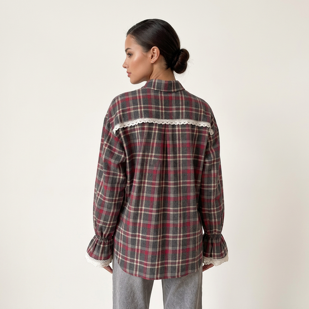 Women’s Plaid Lace Cuff Loose-Fit Long Sleeve Shirt-Vyana Collective