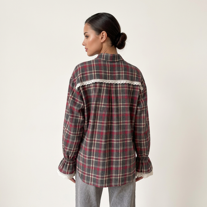 Women’s Plaid Lace Cuff Loose-Fit Long Sleeve Shirt-Vyana Collective