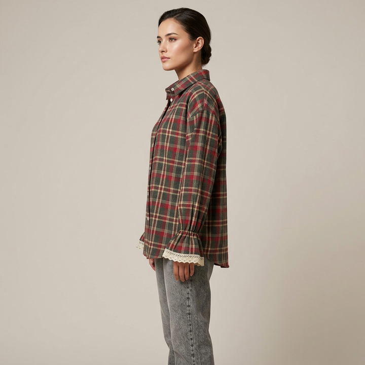Women’s Plaid Lace Cuff Loose-Fit Long Sleeve Shirt-Vyana Collective