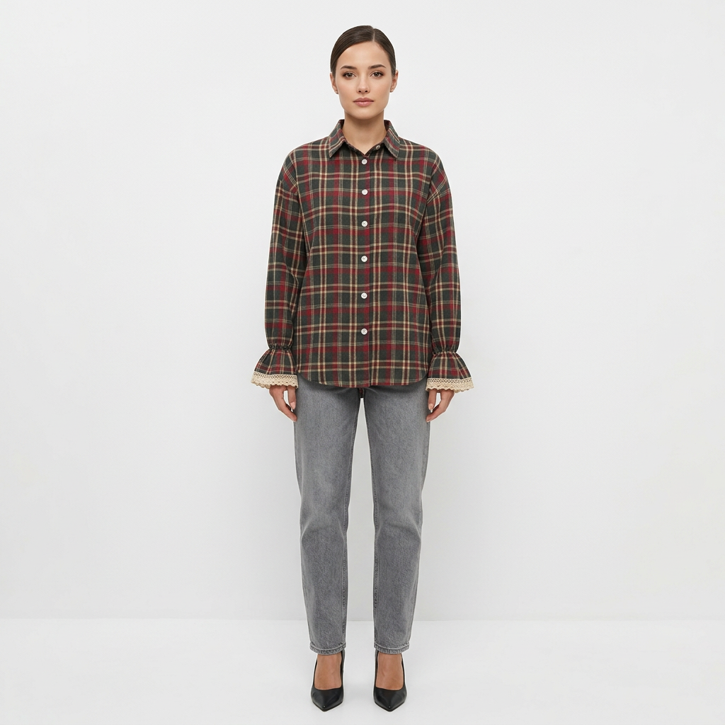 Women’s Plaid Lace Cuff Loose-Fit Long Sleeve Shirt-Vyana Collective