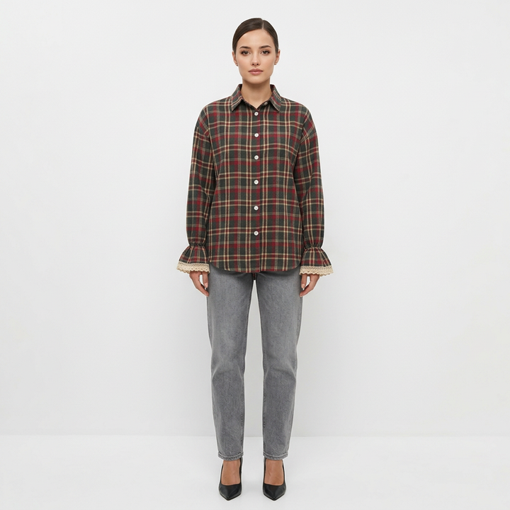 Women’s Plaid Lace Cuff Loose-Fit Long Sleeve Shirt-Vyana Collective