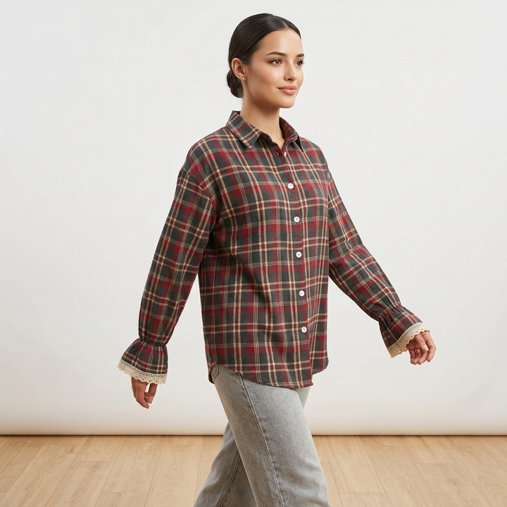 Women’s Plaid Lace Cuff Loose-Fit Long Sleeve Shirt-Vyana Collective