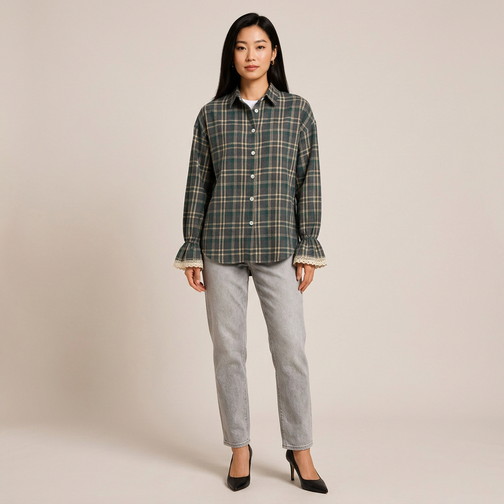 Women’s Plaid Lace Cuff Loose-Fit Long Sleeve Shirt-Vyana Collective