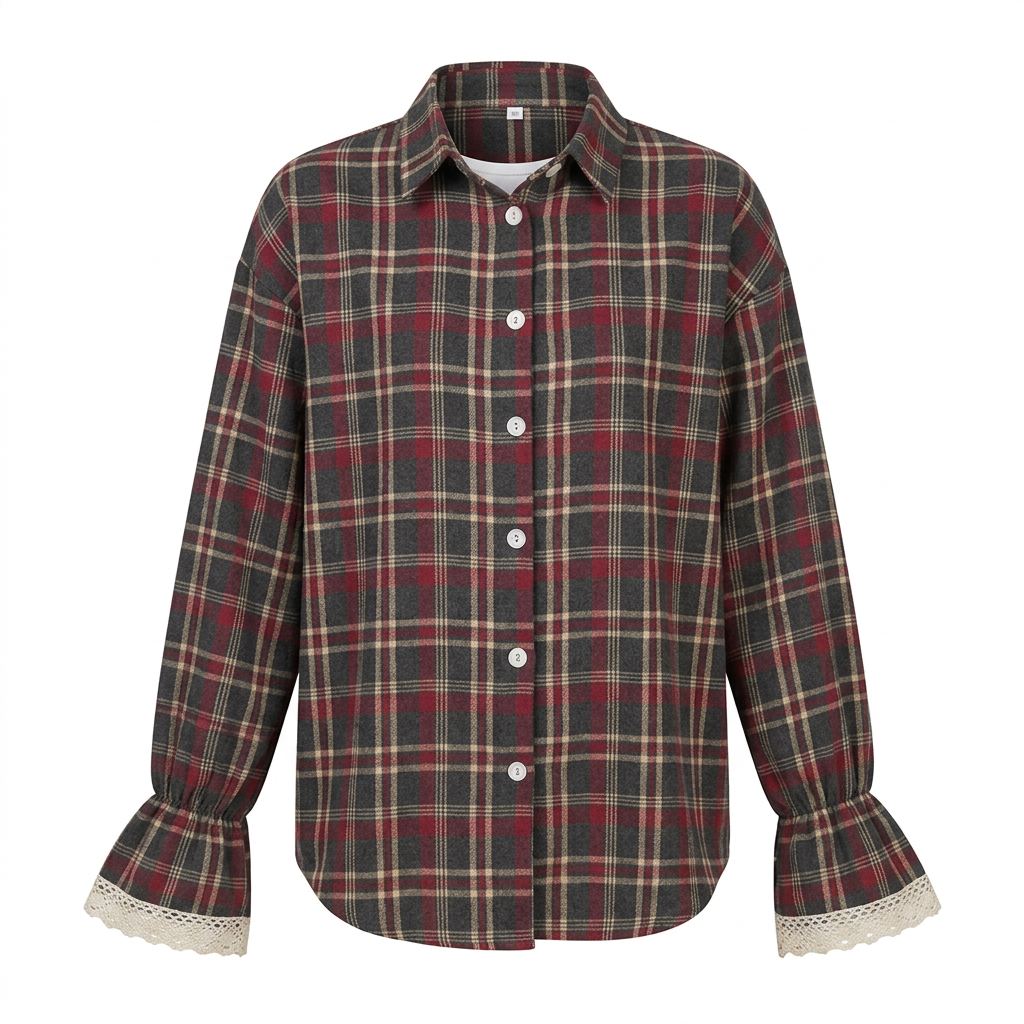 Women’s Plaid Lace Cuff Loose-Fit Long Sleeve Shirt-Vyana Collective