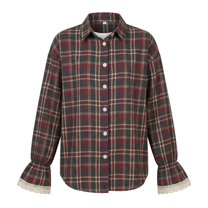 Women’s Plaid Lace Cuff Loose-Fit Long Sleeve Shirt-Vyana Collective