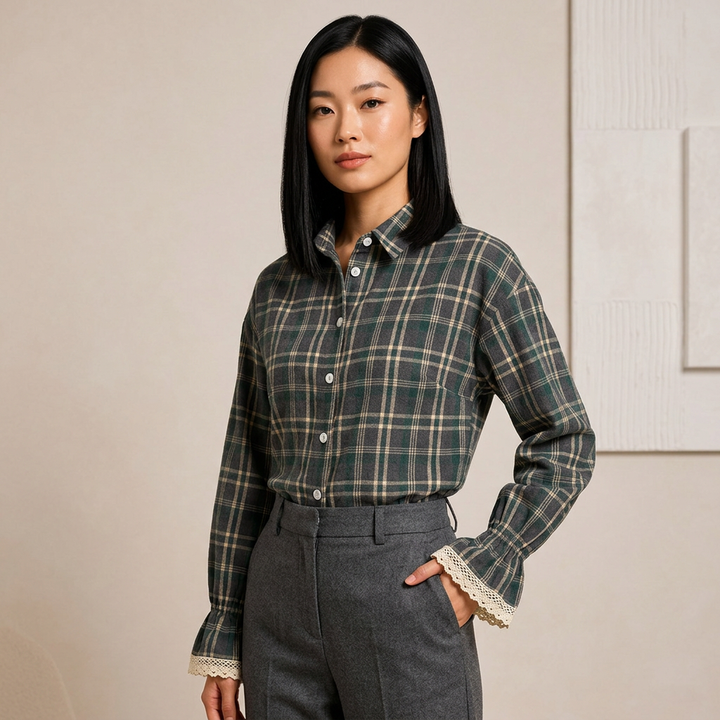 Women’s Plaid Lace Cuff Loose-Fit Long Sleeve Shirt-Vyana Collective