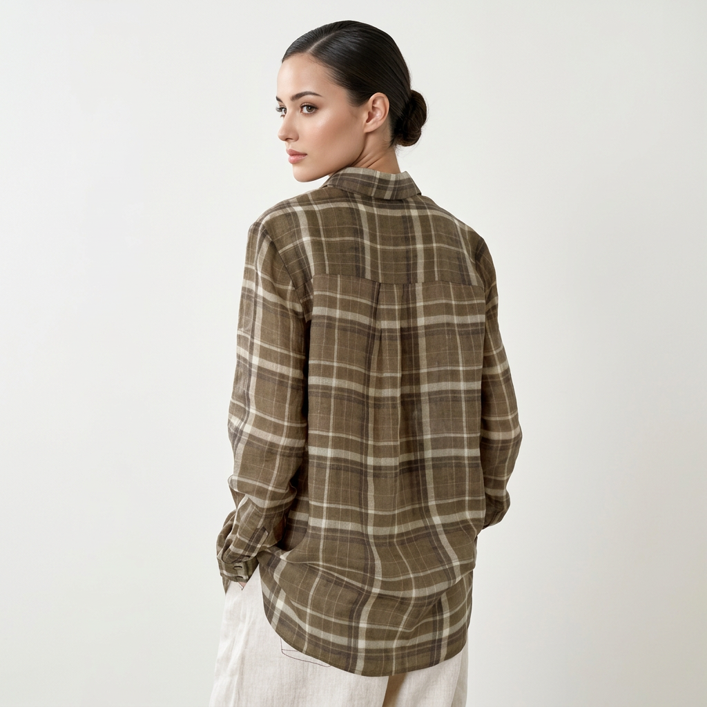 Women’s Pure Ramie Plaid Relaxed Button-Down Shirt-Vyana Collective