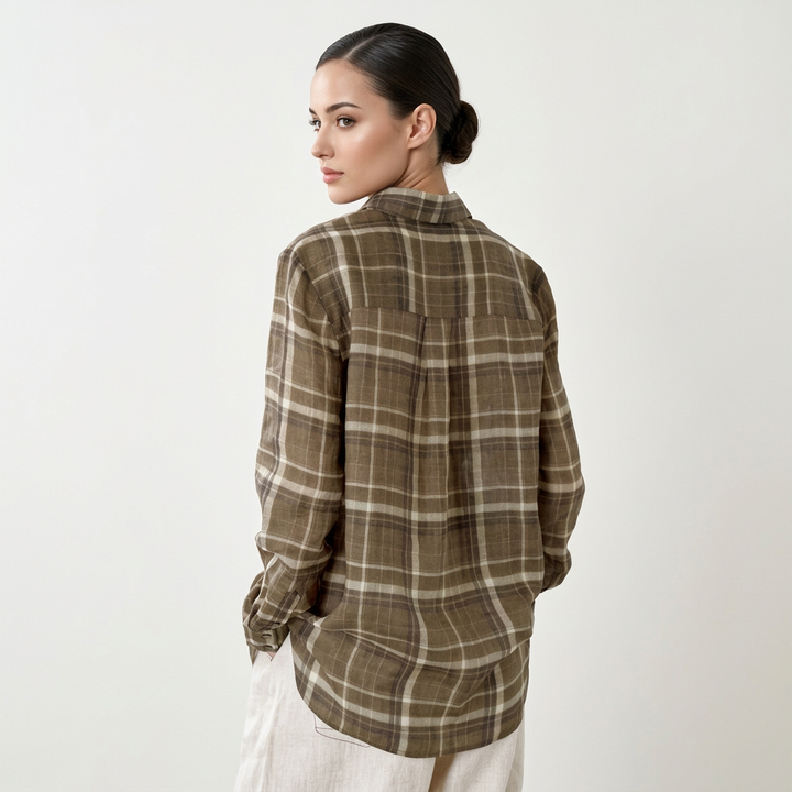 Women’s Pure Ramie Plaid Relaxed Button-Down Shirt-Vyana Collective