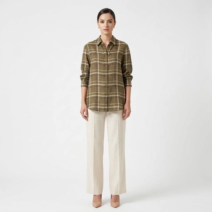 Women’s Pure Ramie Plaid Relaxed Button-Down Shirt-Vyana Collective