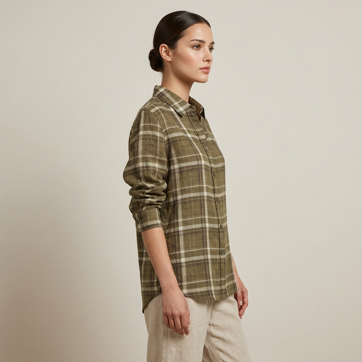 Women’s Pure Ramie Plaid Relaxed Button-Down Shirt-Vyana Collective