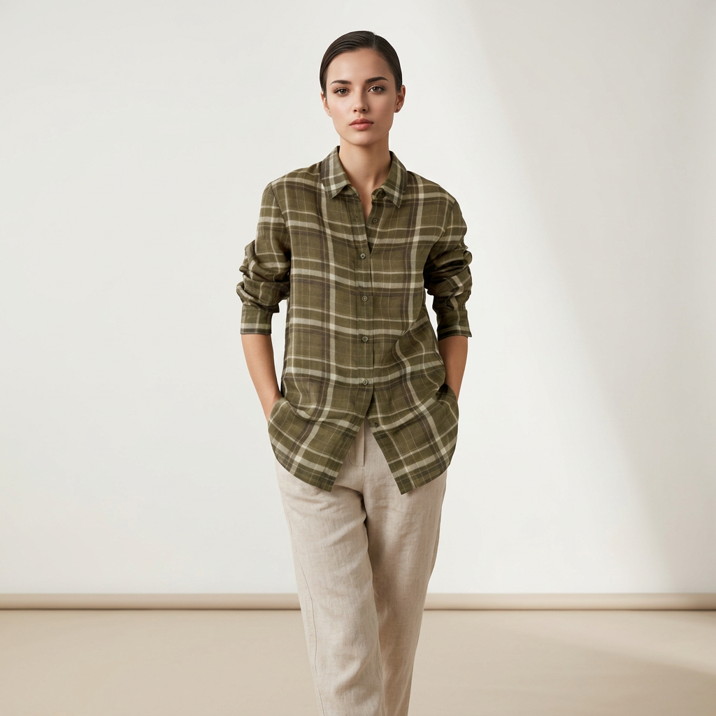 Women’s Pure Ramie Plaid Relaxed Button-Down Shirt-Vyana Collective