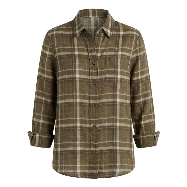 Women’s Pure Ramie Plaid Relaxed Button-Down Shirt-Vyana Collective