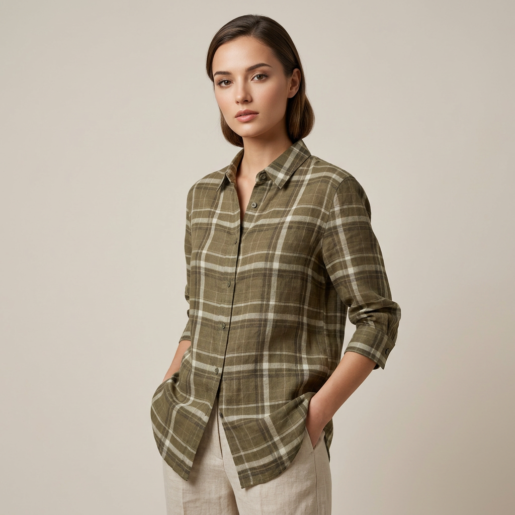 Women’s Pure Ramie Plaid Relaxed Button-Down Shirt-Vyana Collective