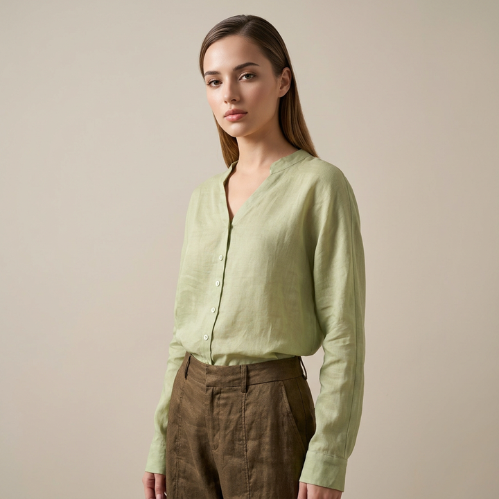 Women’s Pure Ramie V-Neck Relaxed Button-Down Blouse-Vyana Collective