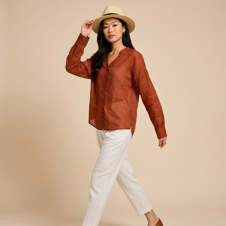 Women’s Pure Ramie V-Neck Relaxed Button-Down Blouse-Vyana Collective