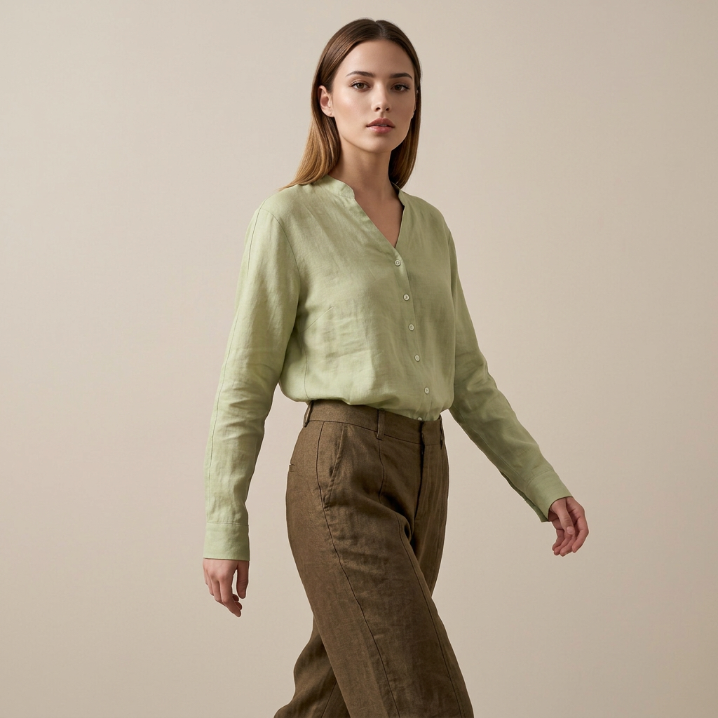 Women’s Pure Ramie V-Neck Relaxed Button-Down Blouse-Vyana Collective