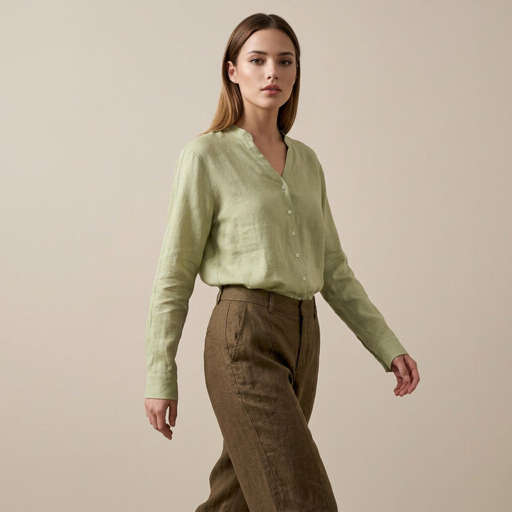 Women’s Pure Ramie V-Neck Relaxed Button-Down Blouse-Vyana Collective