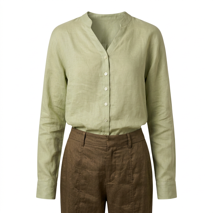 Women’s Pure Ramie V-Neck Relaxed Button-Down Blouse-Vyana Collective