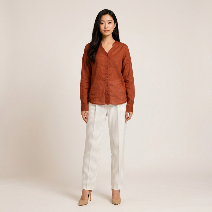 Women’s Pure Ramie V-Neck Relaxed Button-Down Blouse-Vyana Collective
