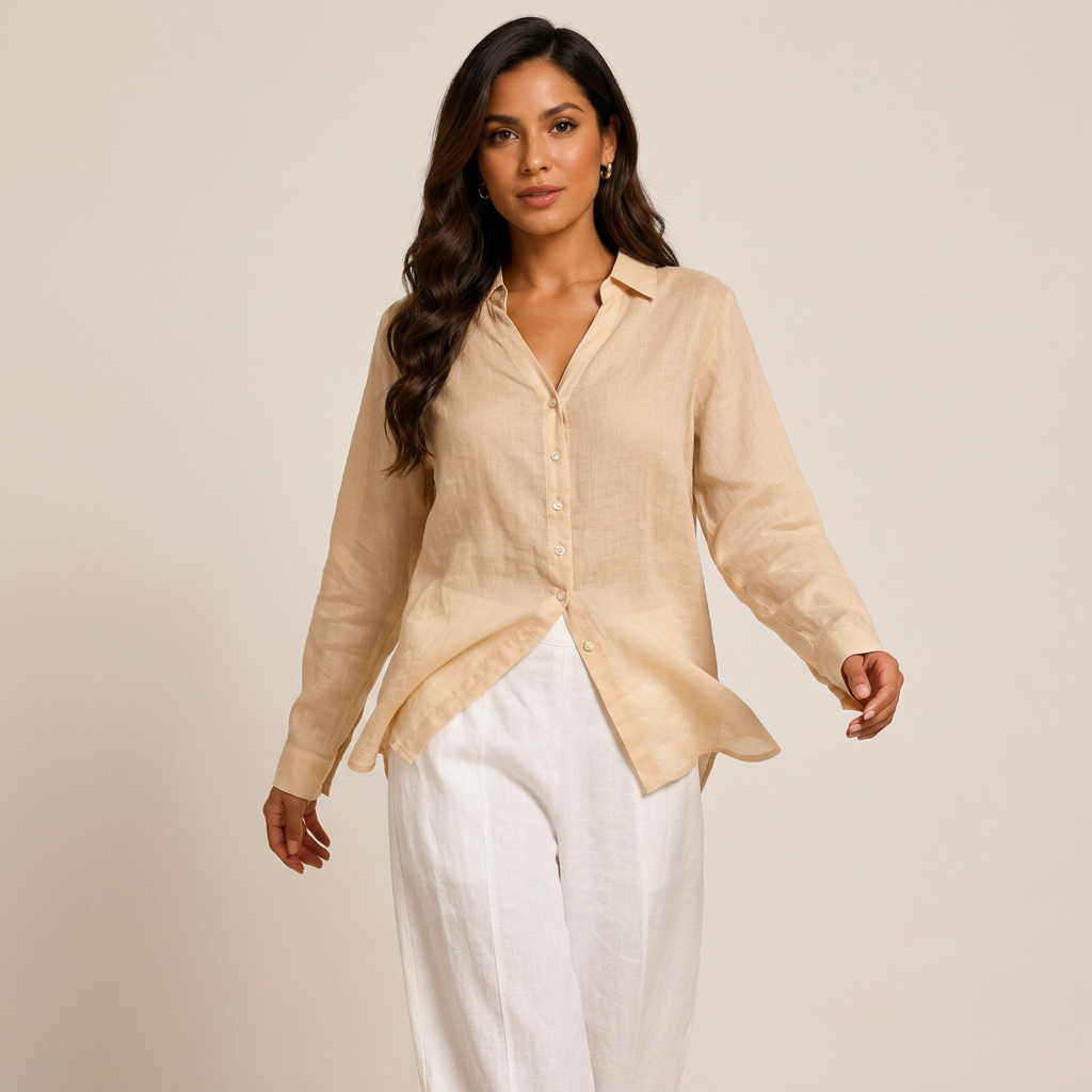 Women’s Pure Ramie V-Neck Relaxed Button-Down Blouse-Vyana Collective