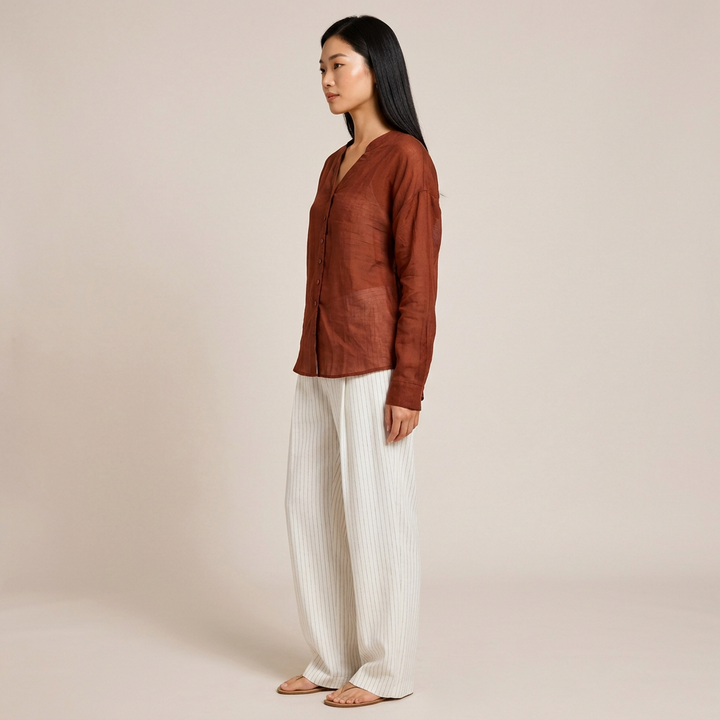 Women’s Pure Ramie V-Neck Relaxed Button-Down Blouse-Vyana Collective
