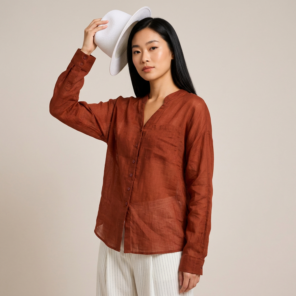 Women’s Pure Ramie V-Neck Relaxed Button-Down Blouse-Vyana Collective