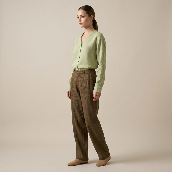 Women’s Pure Ramie V-Neck Relaxed Button-Down Blouse-Vyana Collective