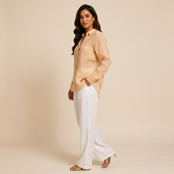 Women’s Pure Ramie V-Neck Relaxed Button-Down Blouse-Vyana Collective