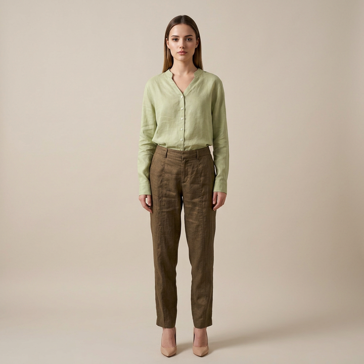 Women’s Pure Ramie V-Neck Relaxed Button-Down Blouse-Vyana Collective