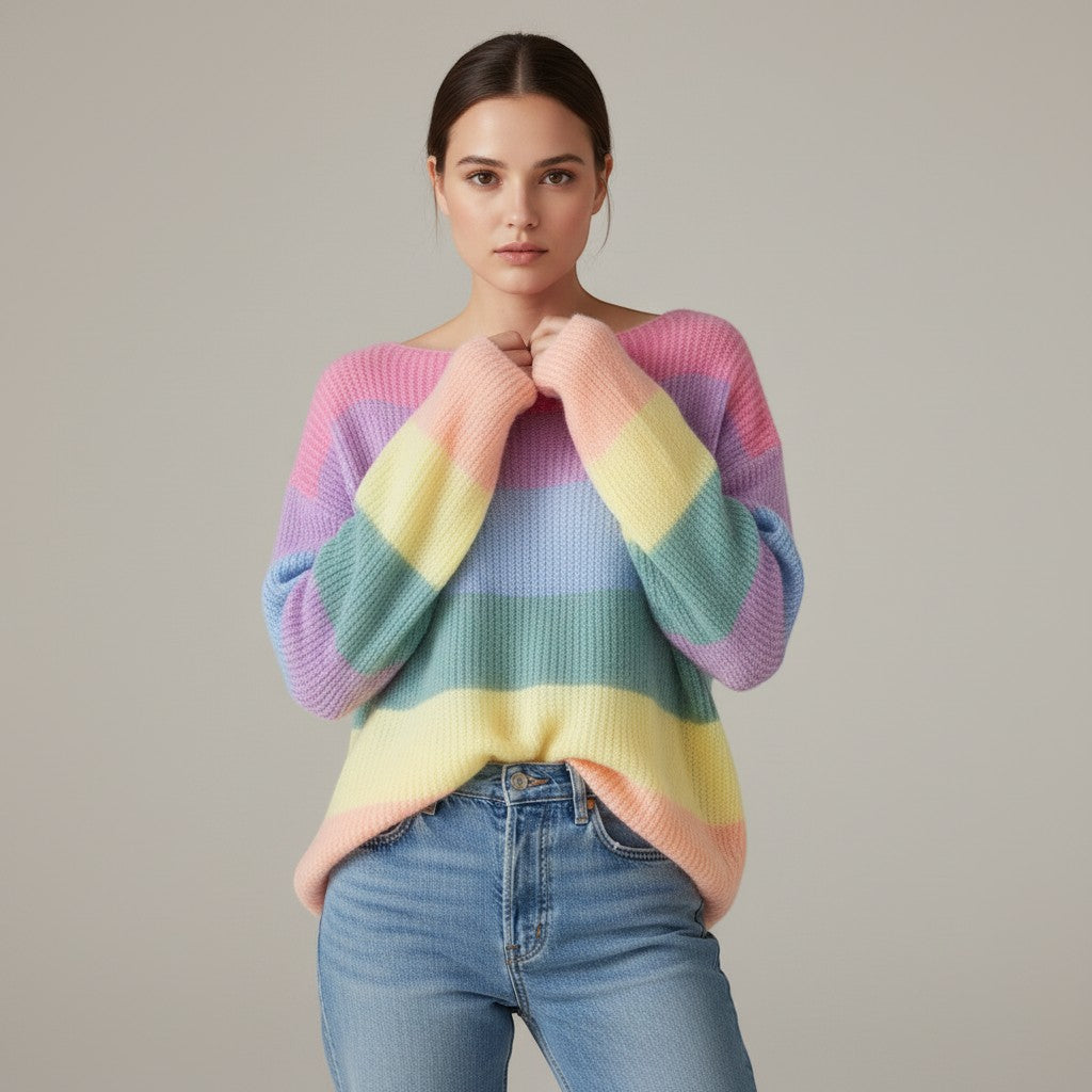 Women's Rainbow Stripe Knit Pullover Sweater-Vyana Collective