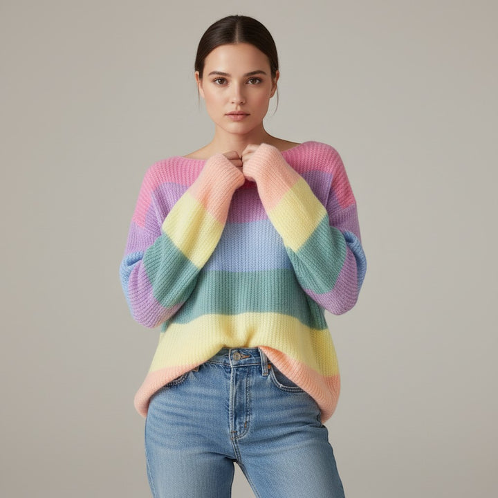 Women's Rainbow Stripe Knit Pullover Sweater-Vyana Collective