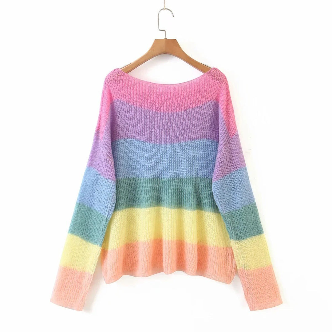 Women's Rainbow Stripe Knit Pullover Sweater-Vyana Collective