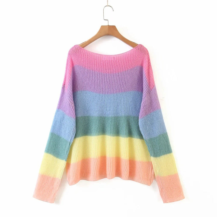 Women's Rainbow Stripe Knit Pullover Sweater-Vyana Collective