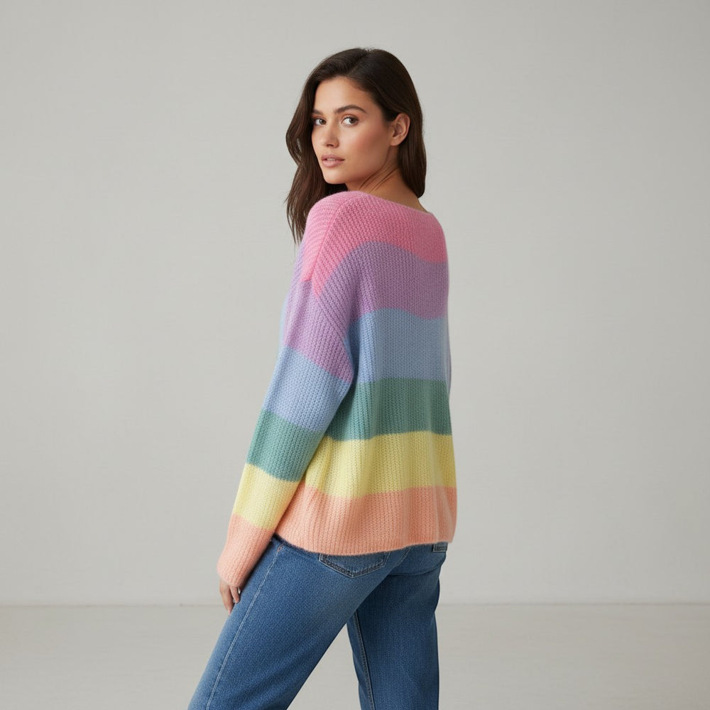 Women's Rainbow Stripe Knit Pullover Sweater-Vyana Collective