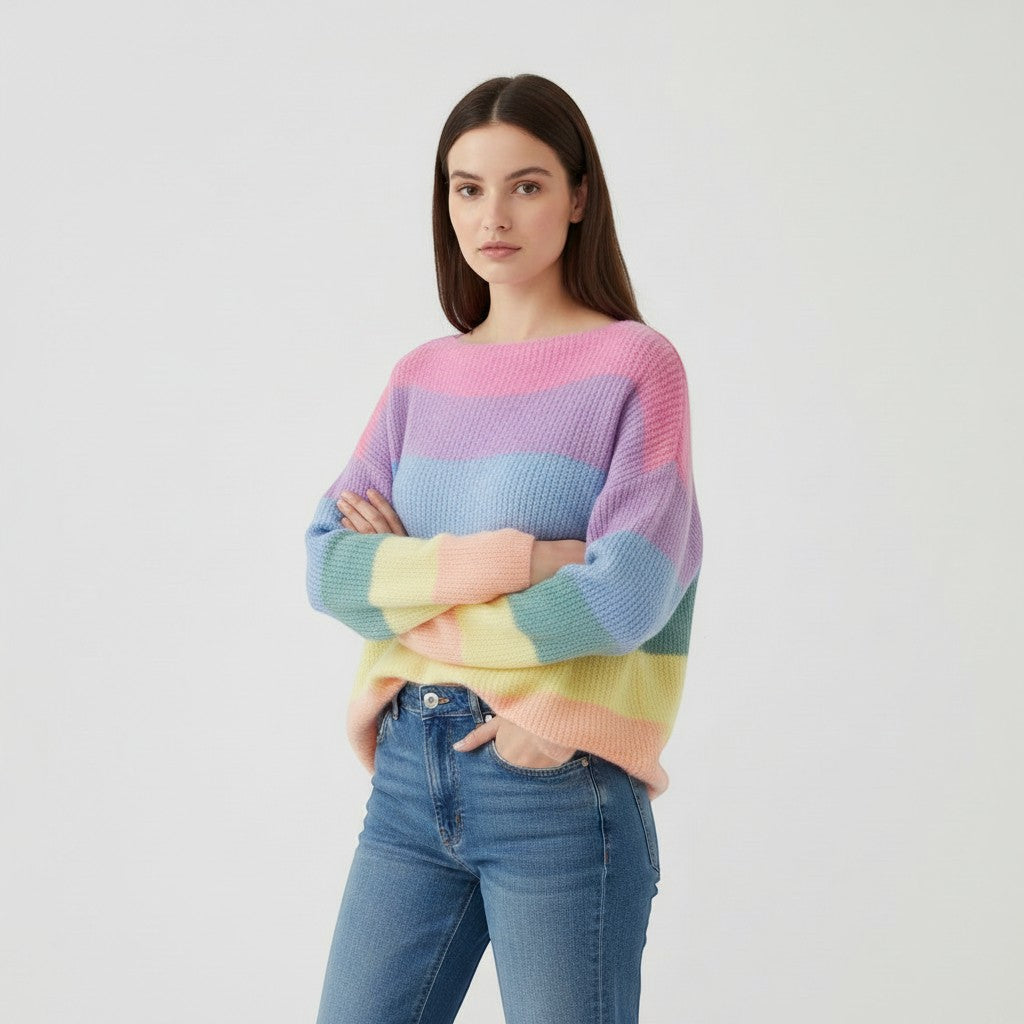 Women's Rainbow Stripe Knit Pullover Sweater-Vyana Collective