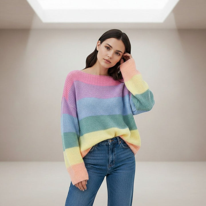 Women's Rainbow Stripe Knit Pullover Sweater-Vyana Collective
