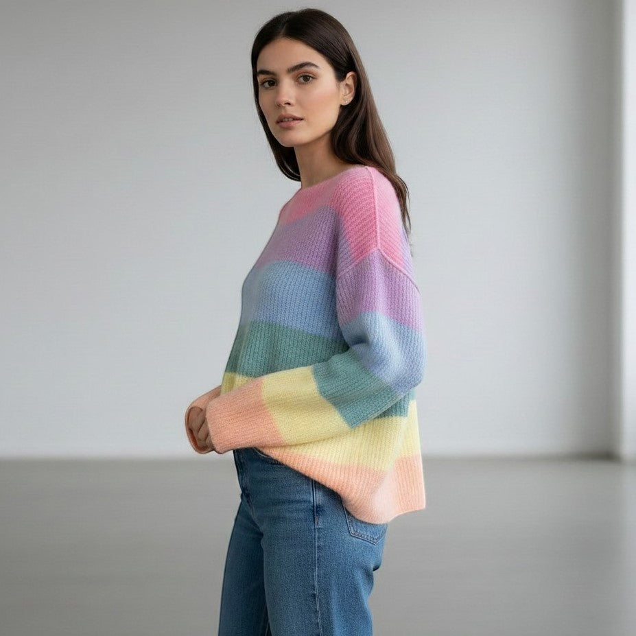 Women's Rainbow Stripe Knit Pullover Sweater-Vyana Collective