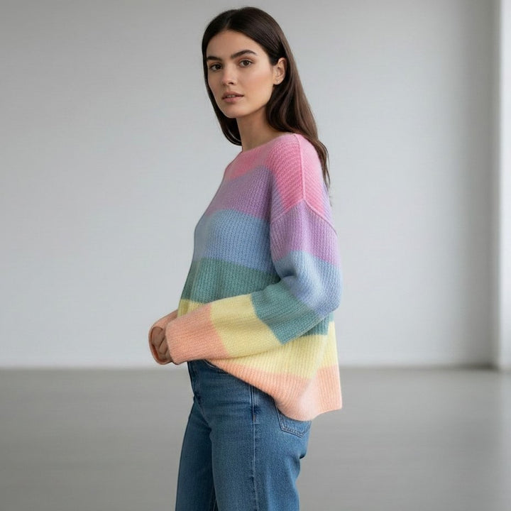 Women's Rainbow Stripe Knit Pullover Sweater-Vyana Collective