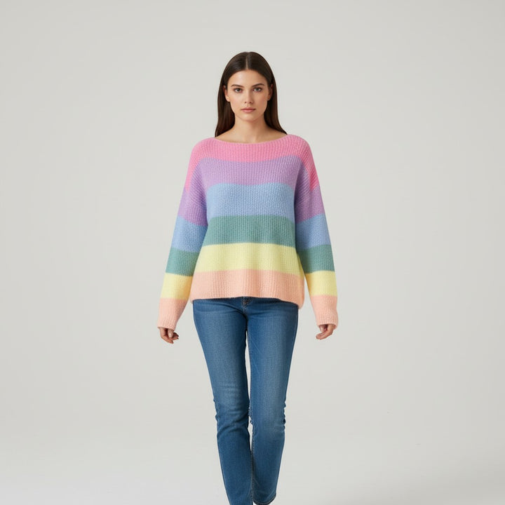 Women's Rainbow Stripe Knit Pullover Sweater-Vyana Collective