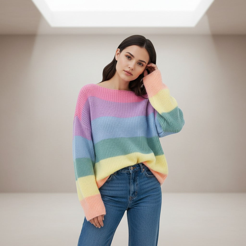 Women's Rainbow Stripe Knit Pullover Sweater-Vyana Collective