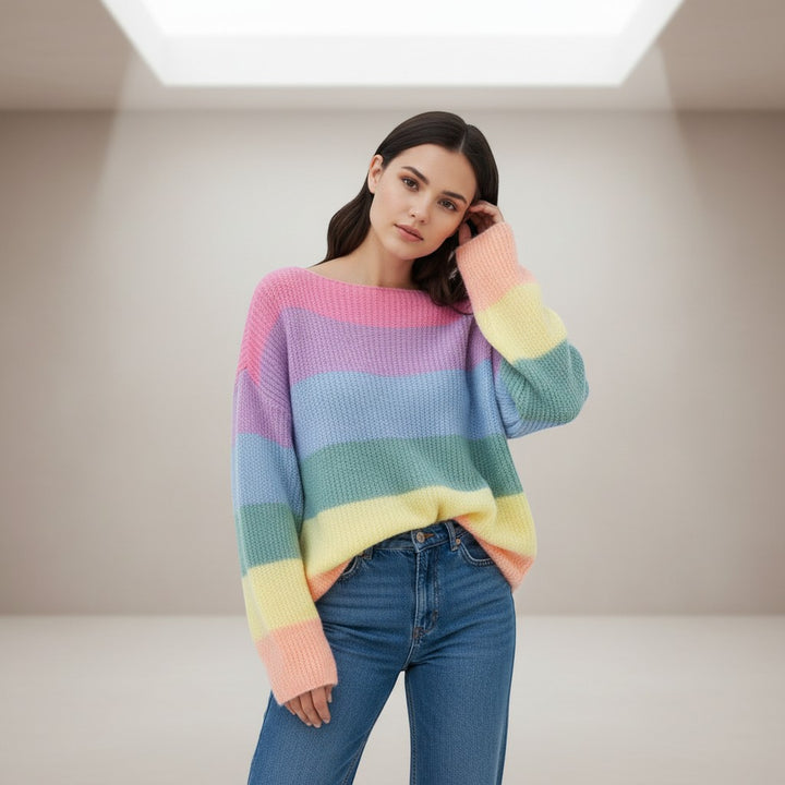 Women's Rainbow Stripe Knit Pullover Sweater-Vyana Collective
