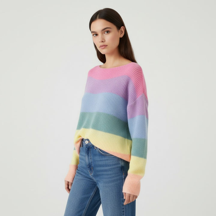 Women's Rainbow Stripe Knit Pullover Sweater-Vyana Collective