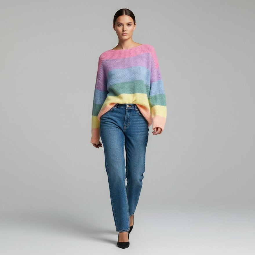 Women's Rainbow Stripe Knit Pullover Sweater-Vyana Collective