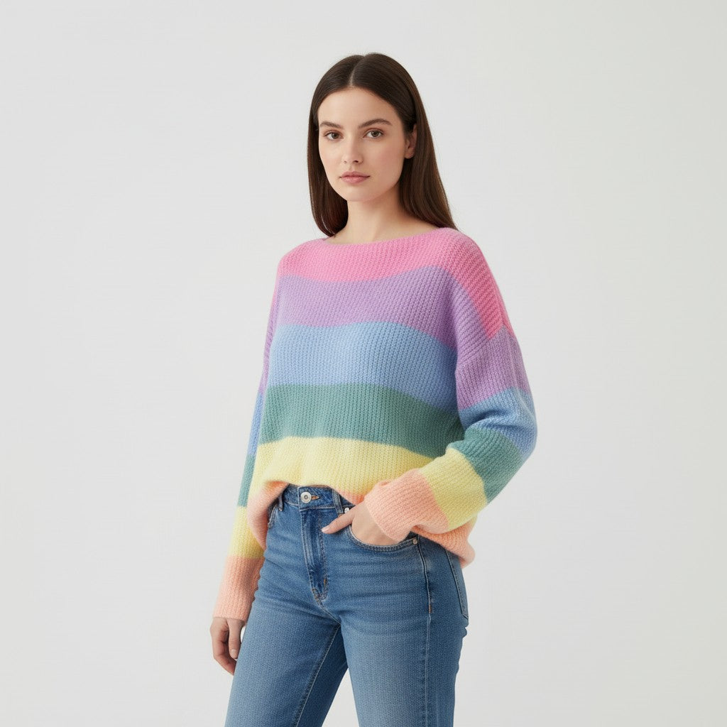Women's Rainbow Stripe Knit Pullover Sweater-Vyana Collective