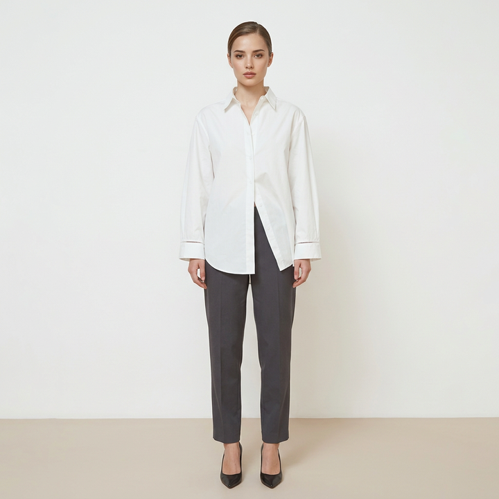 Women’s Relaxed Pure Cotton Button-Down Shirt with Ladder-Stitch Detail-Vyana Collective