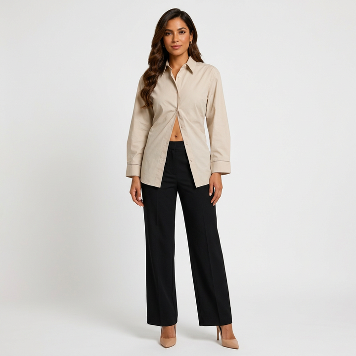 Women’s Relaxed Pure Cotton Button-Down Shirt with Ladder-Stitch Detail-Vyana Collective