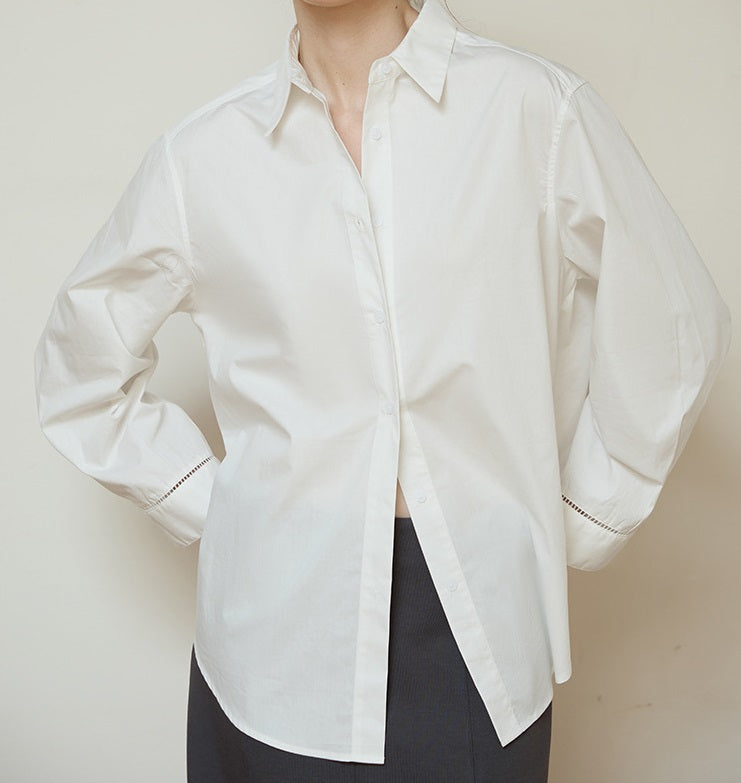 Women’s Relaxed Pure Cotton Button-Down Shirt with Ladder-Stitch Detail-Vyana Collective