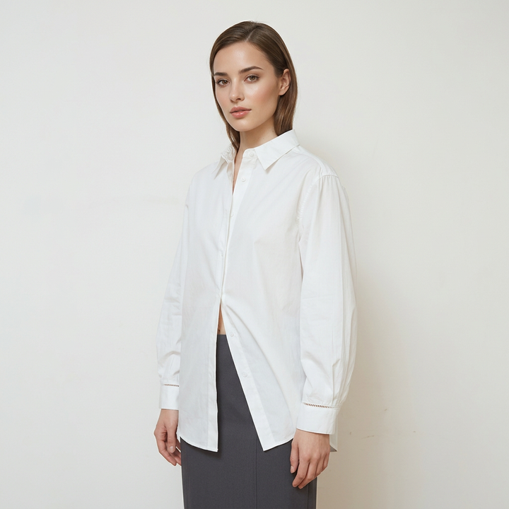 Women’s Relaxed Pure Cotton Button-Down Shirt with Ladder-Stitch Detail-Vyana Collective