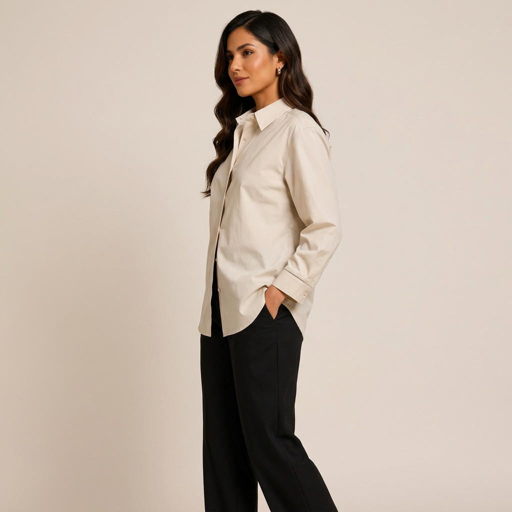 Women’s Relaxed Pure Cotton Button-Down Shirt with Ladder-Stitch Detail-Vyana Collective